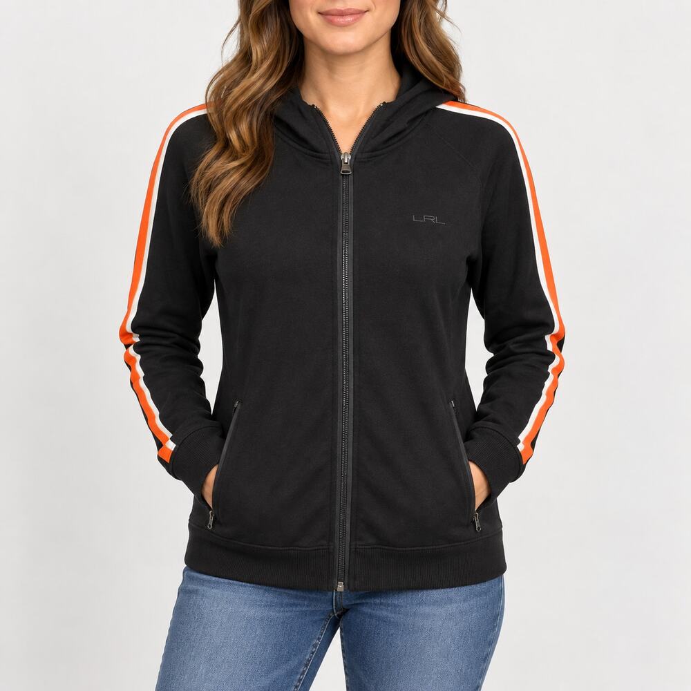 Lauren Ralph Lauren L-RL Active M Black Orange Stripe Full Zip Hoodie Jacket